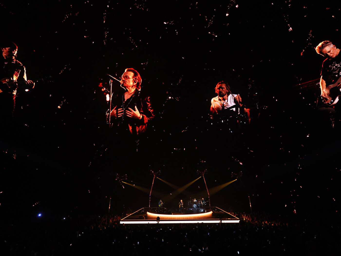 U2 performing during the opening night of U2: UV Achtung Baby Live at the Sphere in Las Vegas on September 29, 2023, photo by Kevin Mazur/Getty Images for Live Nation